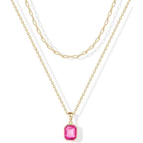ACECHA Gold Layered Necklaces for Women, 18k Gold Plated Paperclip Chain Choker Necklace with Rectangle Crystal Birthstone Pendant Dainty Emerald Green Jewelry Gifts