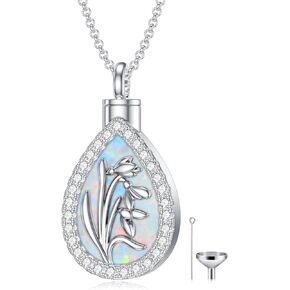 PELOVNY 12 Birth Flower Urn Necklaces for Ashes 925 Sterling Silver Birth Month Flower Opal Teardrop Cremation Necklace for Ashes of Loved One Keepsake Memorial Jewelry for Women