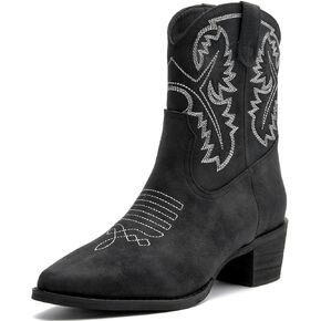 Womens Cowboy Boots Pointed Toe Ankle Boots with Classic Embroidered Chunky Heel Western Boots