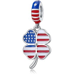 QeenseKc American Flag Dangle Charm Lucky Clover Bead for Pandora Bracelet Women Present