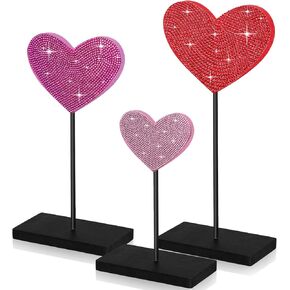 Queekay 3 Pcs Valentine's Day Wooden Sign Set Rhinestone Heart Table Decoration Tall Standing Heart Block Valentine Decoration Diamond Heart Shape Decor Table Centerpiece for Wedding Anniversary Party