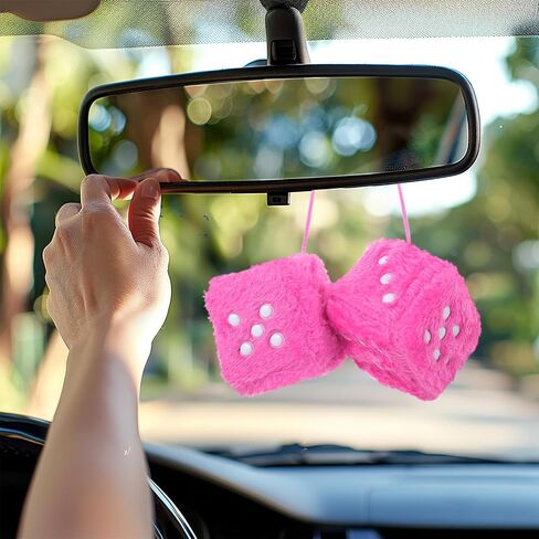 Fuzzy Dice for Car, Cute Pink Plush Car Interior Accessories, 2.75 Inch Fuzzy Car Dice with White Dots, Rear View Mirror Hanging Ornament Decorations in Saudi Arabia