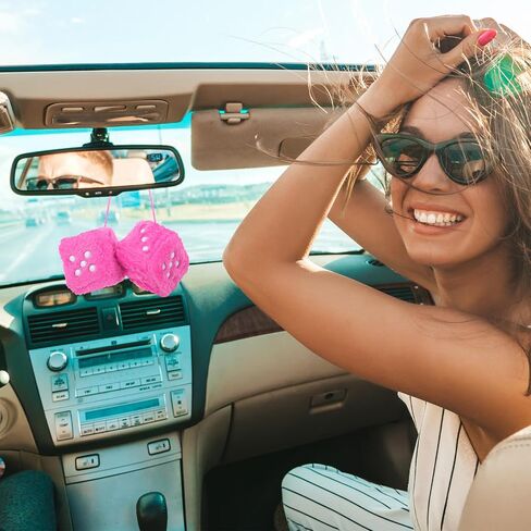 Fuzzy Dice for Car, Cute Pink Plush Car Interior Accessories, 2.75 Inch Fuzzy Car Dice with White Dots, Rear View Mirror Hanging Ornament Decorations in Saudi Arabia