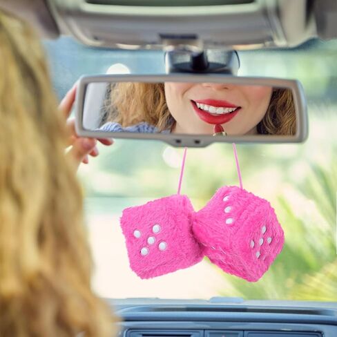Fuzzy Dice for Car, Cute Pink Plush Car Interior Accessories, 2.75 Inch Fuzzy Car Dice with White Dots, Rear View Mirror Hanging Ornament Decorations in Saudi Arabia