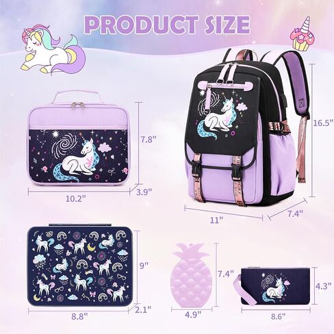 Bevalsa Kids Backpack for Girls with Bento Lunch Box Set, Purple Cute Bookbag Backpack for Girls Kids, 43oz Lunch Containers Lunchbox Bento Box, Lunch Bag, Pencil Case, Back To School Gift (Butterfly) in Saudi Arabia