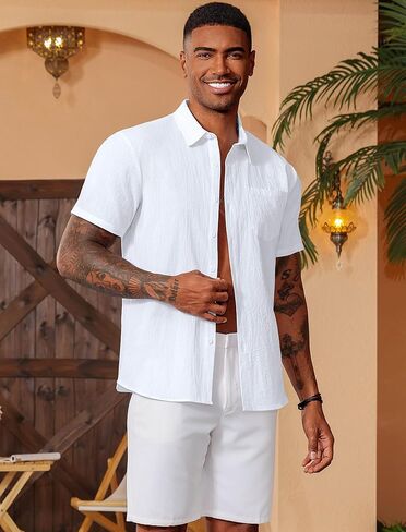 Vssjavun Mens Short Sleeve Button Down Shirts Casual Cotton Shirt Summer Beach Tops with Pocket in Saudi Arabia