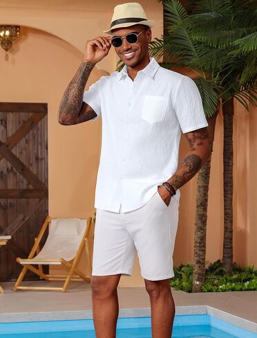 Vssjavun Mens Short Sleeve Button Down Shirts Casual Cotton Shirt Summer Beach Tops with Pocket in Saudi Arabia