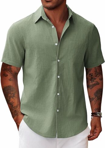 Vssjavun Mens Short Sleeve Button Down Shirts Casual Cotton Shirt Summer Beach Tops with Pocket in Saudi Arabia