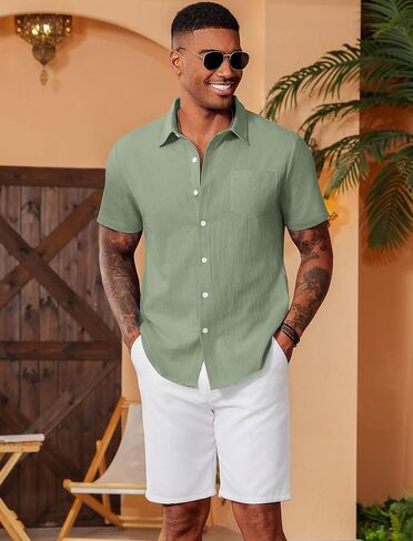 Vssjavun Mens Short Sleeve Button Down Shirts Casual Cotton Shirt Summer Beach Tops with Pocket in Saudi Arabia