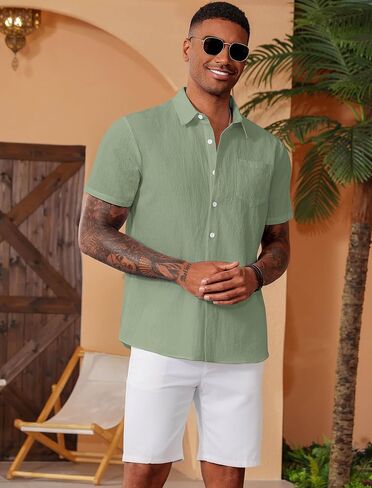 Vssjavun Mens Short Sleeve Button Down Shirts Casual Cotton Shirt Summer Beach Tops with Pocket in Saudi Arabia
