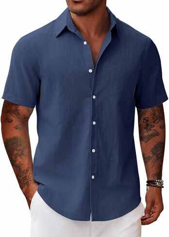 Vssjavun Mens Short Sleeve Button Down Shirts Casual Cotton Shirt Summer Beach Tops with Pocket in Saudi Arabia