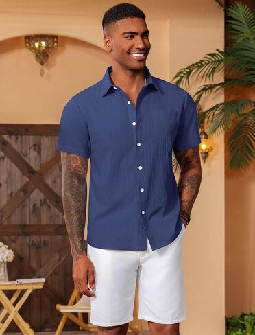 Vssjavun Mens Short Sleeve Button Down Shirts Casual Cotton Shirt Summer Beach Tops with Pocket in Saudi Arabia