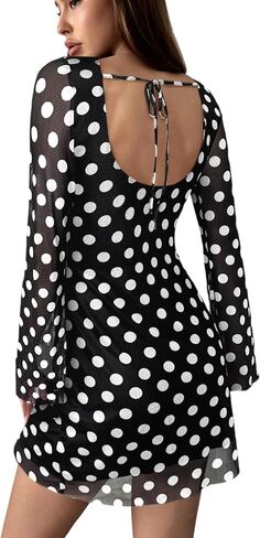 WDIRARA Women's Vintage Polka Mesh Dress Bell Long Sleeve Tie Backless Retro Mini Dresses in Kuwait