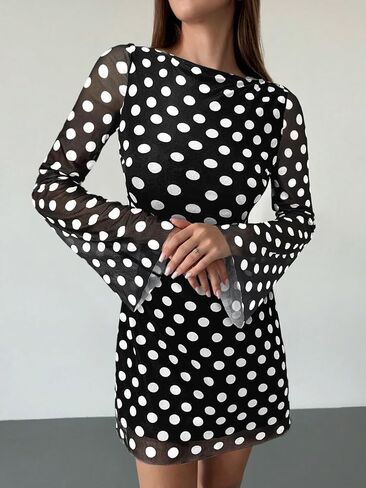 WDIRARA Women's Vintage Polka Mesh Dress Bell Long Sleeve Tie Backless Retro Mini Dresses in Kuwait
