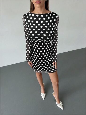 WDIRARA Women's Vintage Polka Mesh Dress Bell Long Sleeve Tie Backless Retro Mini Dresses in Kuwait