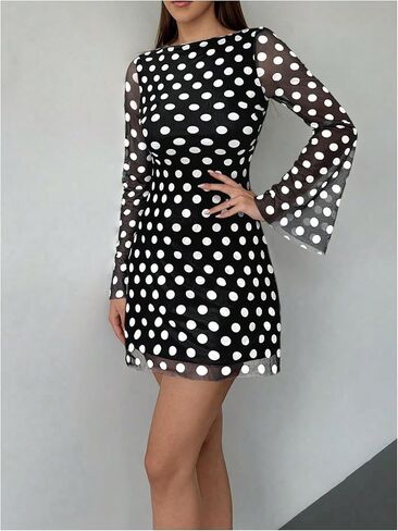 WDIRARA Women's Vintage Polka Mesh Dress Bell Long Sleeve Tie Backless Retro Mini Dresses in Kuwait