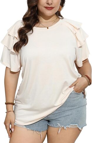 TAKEYAL Womens Plus Size Tops Ruffle Short Sleeve Crew Neck Solid T Shirts Casual Blouses Tunic Top 1XL-5XL in Saudi Arabia