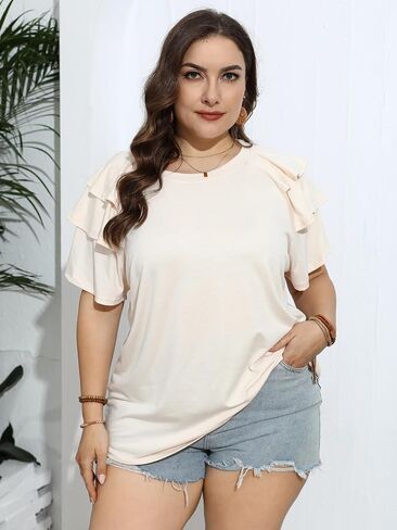 TAKEYAL Womens Plus Size Tops Ruffle Short Sleeve Crew Neck Solid T Shirts Casual Blouses Tunic Top 1XL-5XL in Saudi Arabia