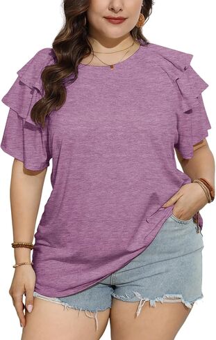 TAKEYAL Womens Plus Size Tops Ruffle Short Sleeve Crew Neck Solid T Shirts Casual Blouses Tunic Top 1XL-5XL in Saudi Arabia