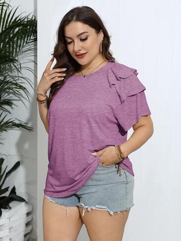 TAKEYAL Womens Plus Size Tops Ruffle Short Sleeve Crew Neck Solid T Shirts Casual Blouses Tunic Top 1XL-5XL in Saudi Arabia