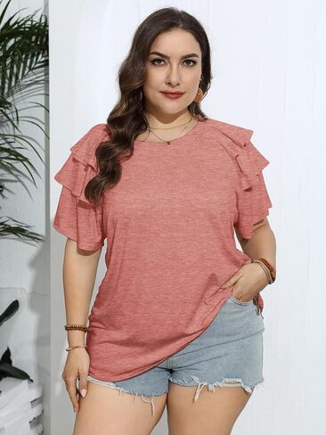 TAKEYAL المرأة حجم كبير بلايز كشكش قصيرة الأكمام طاقم الرقبة الصلبة تي شيرت بلوزات غير رسمية سترة علوية 1XL-5XL in Kuwait