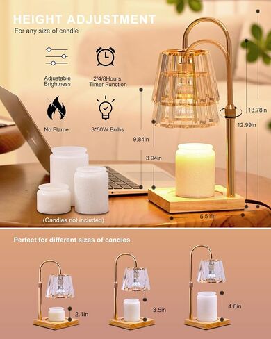Candle Warmer Lamp with Timer, Candle Lamp Warmer with Dimmer & Height Adjustable, Crystal Lamp Candle Warmer for Jar Candles, Dimmable Candle Warmer Lamp with 3 Bulbs, House Warming Decor Gifts in Saudi Arabia