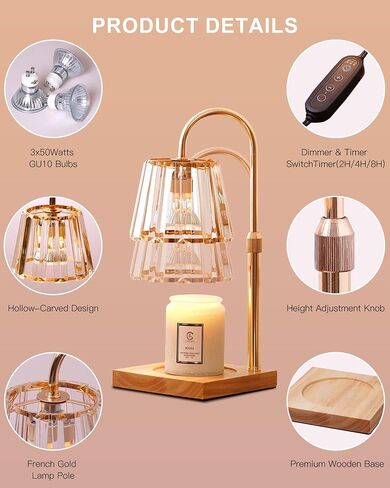 Candle Warmer Lamp with Timer, Candle Lamp Warmer with Dimmer & Height Adjustable, Crystal Lamp Candle Warmer for Jar Candles, Dimmable Candle Warmer Lamp with 3 Bulbs, House Warming Decor Gifts in Saudi Arabia