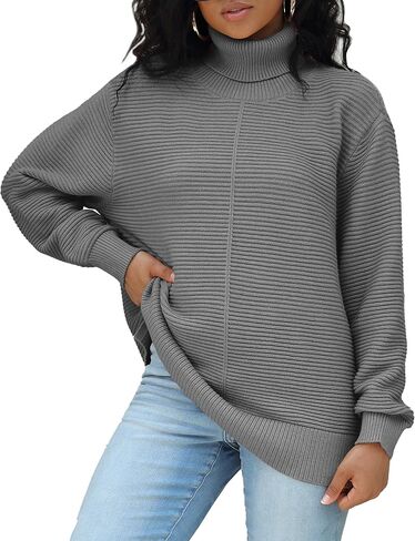Womens Fall Sweaters 2024 Turtleneck Long Batwing Sleeve Split Hem Pullover Knit Sweater Tops in Saudi Arabia
