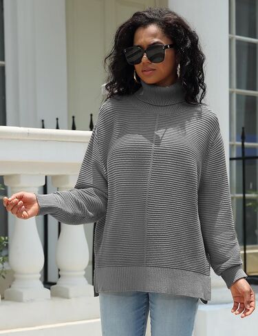 Womens Fall Sweaters 2024 Turtleneck Long Batwing Sleeve Split Hem Pullover Knit Sweater Tops in Saudi Arabia