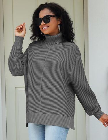 Womens Fall Sweaters 2024 Turtleneck Long Batwing Sleeve Split Hem Pullover Knit Sweater Tops in Saudi Arabia