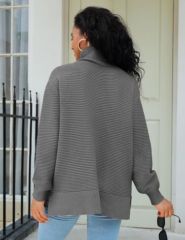 Womens Fall Sweaters 2024 Turtleneck Long Batwing Sleeve Split Hem Pullover Knit Sweater Tops in Saudi Arabia