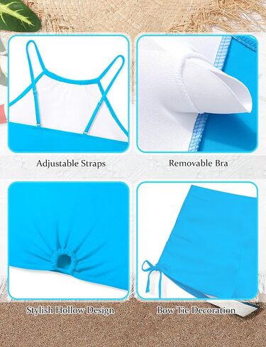Girls Swimsuit 2 Pcs Solid Color Cutout Tankini with Shorts Drawstring Bathing Suit for Girls Swimwear 7-14Y in Saudi Arabia