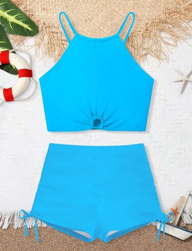 Girls Swimsuit 2 Pcs Solid Color Cutout Tankini with Shorts Drawstring Bathing Suit for Girls Swimwear 7-14Y in Saudi Arabia