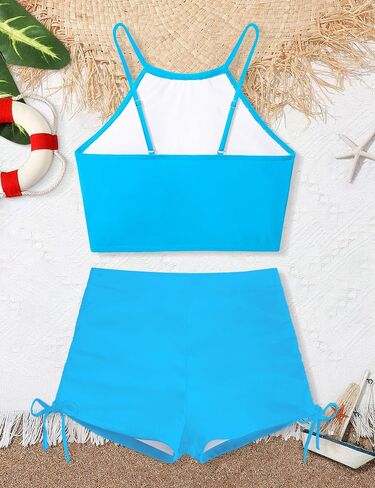 Girls Swimsuit 2 Pcs Solid Color Cutout Tankini with Shorts Drawstring Bathing Suit for Girls Swimwear 7-14Y in Saudi Arabia