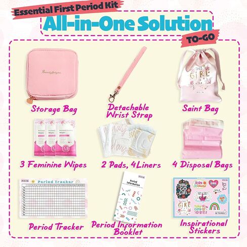Essential Period Kit for Girls | First Period kit for Girls 10-12 | Period Bags for Teen Girls for School | First Period Gift with Sanitary Pad Storage Bag, Wipes, Period Tracker and More(Mint) in Kuwait