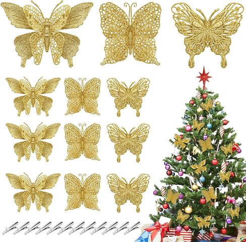 12Pcs Glitter Christmas Butterfly Ornaments Flowers, 3 Styles Hollow-Out Butterfly Christmas Decorations Artificial Ornaments with Clips for Xmas Holiday Crafts and Christmas Tree (Gold) in Saudi Arabia