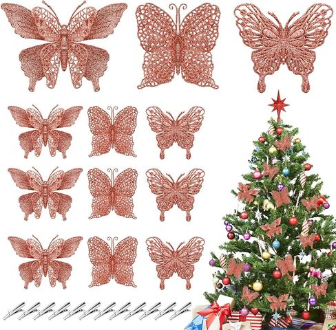 12Pcs Glitter Christmas Butterfly Ornaments Flowers, 3 Styles Hollow-Out Butterfly Christmas Decorations Artificial Ornaments with Clips for Xmas Holiday Crafts and Christmas Tree (Gold) in Saudi Arabia