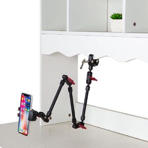 Adjustable Articulating Magic Arm with Clamp and Phone Holder Clip for Desk Mount, Desk Stand, Cell Phone Tripod