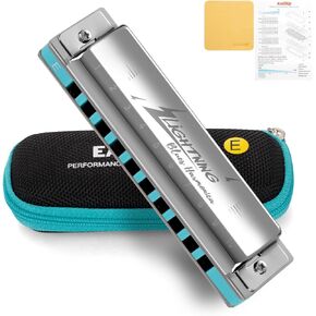 East top Harmonica, Advanced Blues Harmonica Key of C, 10 Holes Blues Harp Mouth Organ Harmonica with Silver Cover, Diatonic Harmonica For Adults, Professionals and Students, as a Gift