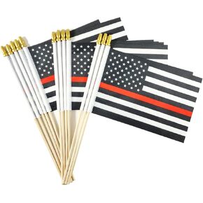 Thin Red Line American Firefighter Stick Flag Small Mini Hand Held Flags - Solid Wooden Pole & Spear Top (12 Pack, 5x8 Inches)