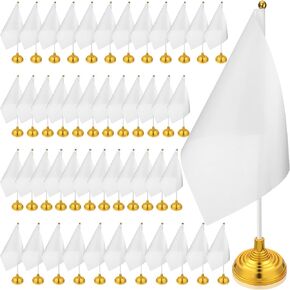 Tatuo 48 Pcs Mini White Desk Flags on Stick with Stands 5.51 x 8.27 Office White Solid Table Flag for DIY Craft Small Blank Desktop Flag with Pole for 4th of July Classroom Event Celebration Supplies