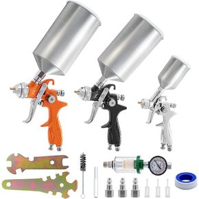VEVOR Professional Paint Air Sprayer Gun Set 11 Piece with 2 Full Size, 1 Detail Spray Gun 1.0/1.4/1.8mm Nozzles, 1000cc Capacity, Air Regulator & Gauge for Furniture, Fence, Car, Garden