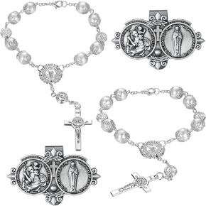 4 Pcs Car Rosary Saint Benedict Silver Rosary Rearview Mirror Hang Auto Rosary with Car St Christopher Visor Medal Car Cross Religious Accessory Bless Safety Gift for Parent Friend Truck Bike Driver