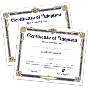 Pet Adoption Certificate - Adopt A Pet Certificate for Girl Boy - Black Gold Pet Adoption Party Decorations - Cat Dog Birthday Party Favors Supplies, 10 Adoption Certificates (CC17)