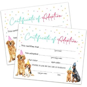 Pet Adoption Certificate Adopt A Pet Certificate for Girl - Puppy Dog Adoption Party Decorations - Puppy Birthday Party Favors - Lets Pawty Party Supplies, 10 Adoption Certificates (CC03)