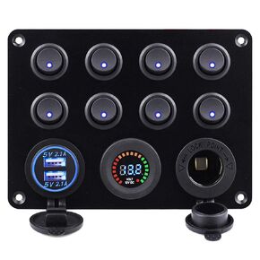 Cllena Dual USB Charger Socket 4.2A + 12V Power Outlet + LED Voltmeter + 8 Gang ON-Off Toggle Switch Multi-Functions Panel for Car Marine Boat Rv ATV Truck Camper Motorhome Vehicles etc.