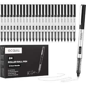 GC QUILL Rollerball Pens, Pack of 24, 0.5mm Black Liquid Ink Pens for Bullet Journaling, Fine Point Rollerball, Office Supplies for Writing, Taking Notes & Sketching BK24