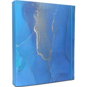 Mini 3 Ring Binder 1 Inch Fits 5.5" x 8.5" Paper and Sheet Protectors, Recipe Binder, Steel-Blue Marble