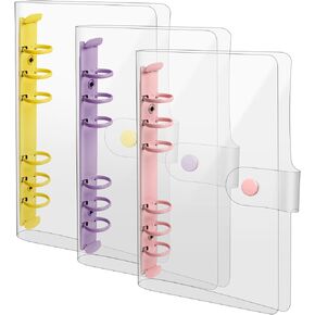 3 Pack A6 Soft PVC 6-Ring Binder Cover Clear Budget Binder Clear A6 6-Hole Planner Binder Cover Yellow Purple Pink Round Ring Binder Cover for Refillable Notebook