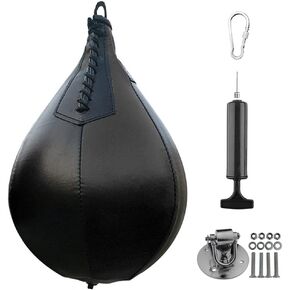 Boxing Speedbag Swivel Set with Black Leather Punching Ball & Pump - Professional MMA Speed Ball Boxing Punching Bag Muay Thai Exercise Equipment Kit
